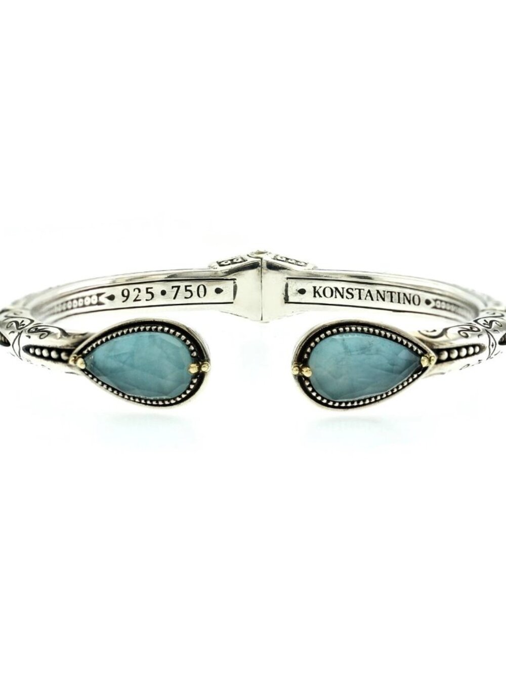 Konstantino 925 Sterling Silver 18K Gold Gen K 2 Aqua MOP Triplet Bangle 6.5"